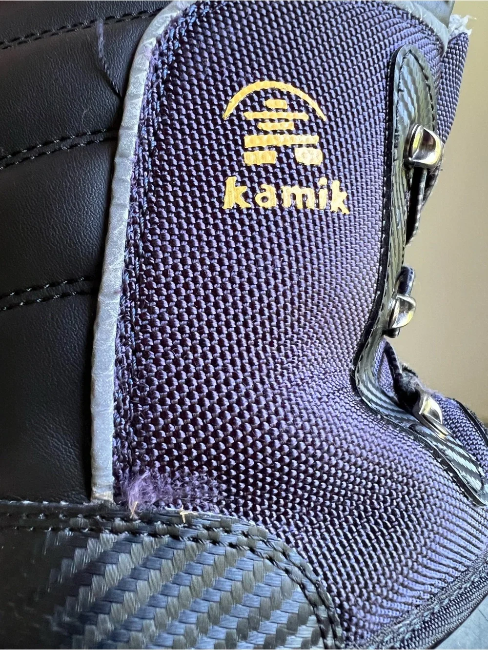 Kamik Kids Snow Boots in Black and Navy/Purple with Gray Fleece Collar